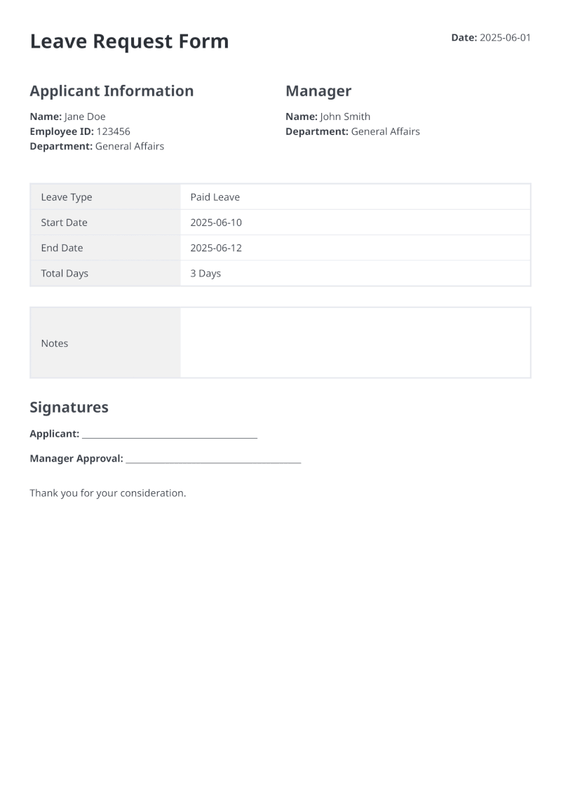 Leave Request HTML Template