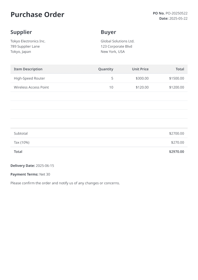 Purchase Order HTML Template